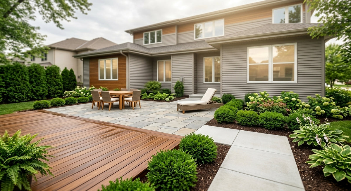 Freshly stained and sealed outdoor wood deck with warm afternoon light, planks rich in a soy-based medium-brown tone, potted plants at the edge — GreenEZ Evolve Soy Stain and Furniture Shield applied.
