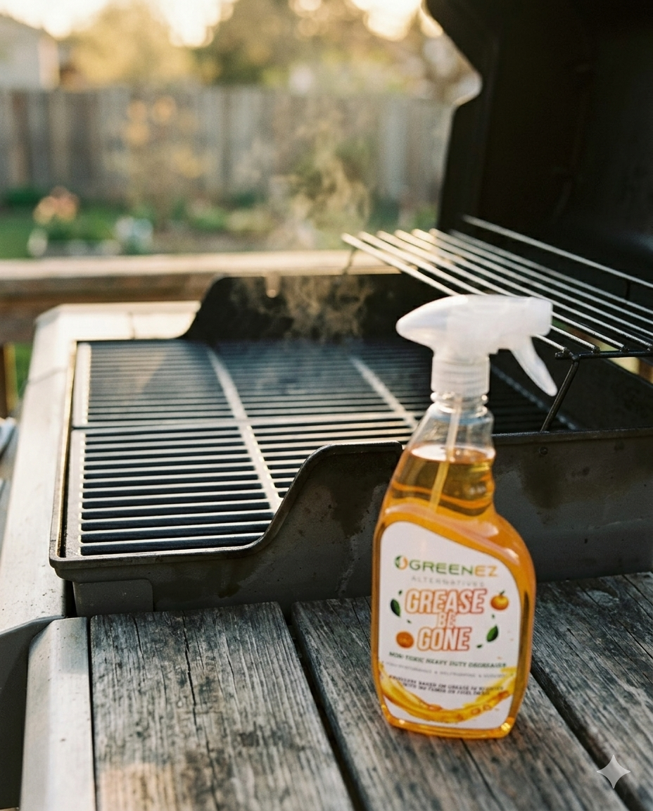Cast-iron grill grates on an outdoor BBQ, cleaned to a shine after applying GreenEZ Grease Be Gone -- baked-on residue lifted without harsh chemicals, golden afternoon light