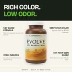 Evolve soy stain benefits: soy based formula, low odor for staining indoors, deep grain color with no pre-stain conditioner, and colors you can mix into your own shade