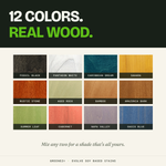 All 12 Evolve soy stain colors on real wood: Fossil Black, Pantheon White, Caribbean Dream, Sahara, Rustic Stone, Aged Rock, Bamboo, Amazonia Bark, Summer Leaf, Cabernet, Napa Valley, Oasis Blue