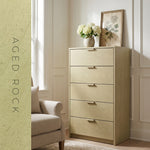 Tall chest of drawers finished in Evolve Aged Rock sage khaki soy wood stain