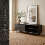 Media console finished in Evolve Fossil Black soy wood stain in a modern living room