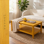 Coffee table finished in Evolve Sahara golden yellow soy wood stain in a bright living room