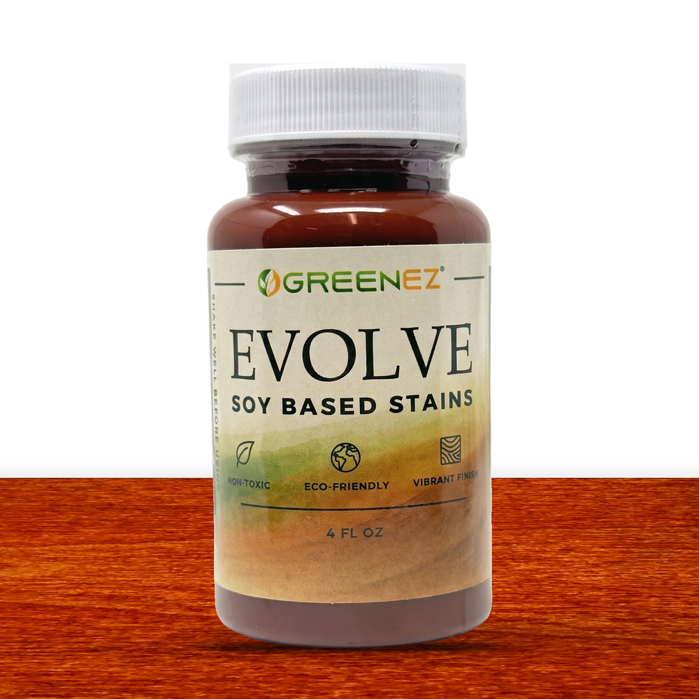Evolve Soy Stain 4 oz sample bottle in Rustic Stone 922 on wood stained Rustic Stone