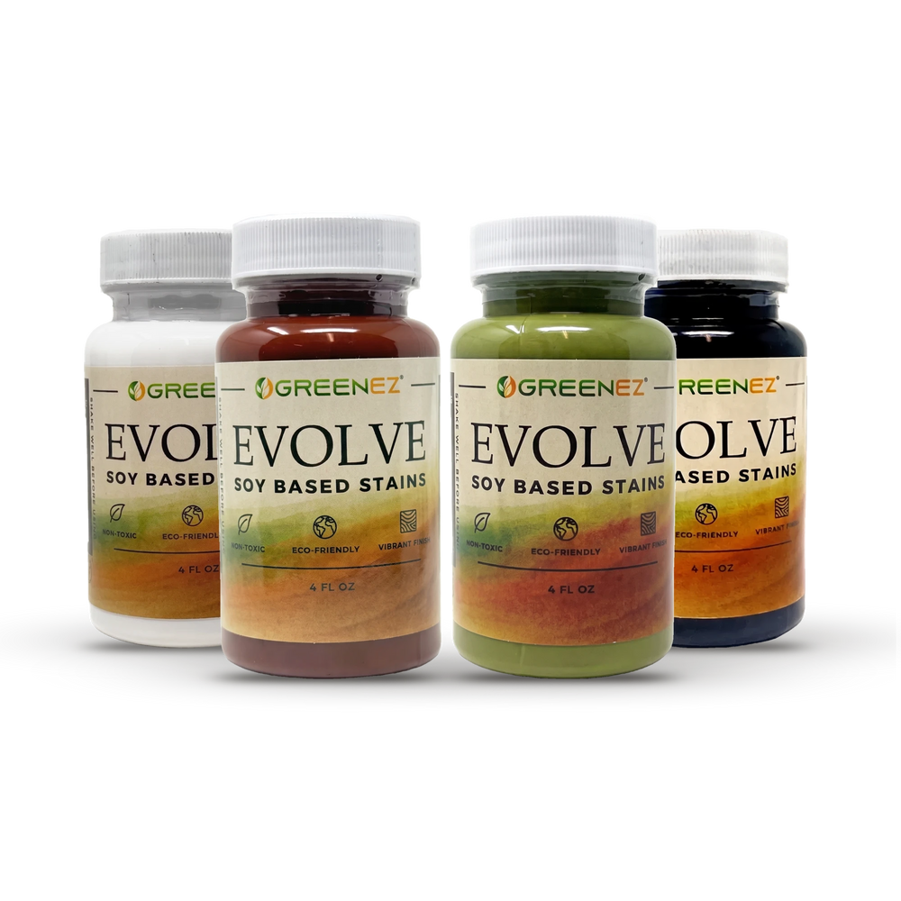 Evolve Soy Stain Sample Pack: four 4 oz bottles in Pantheon White, Rustic Stone, Summer Leaf and Fossil Black