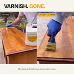 Before and after of varnish stripped from a wood dresser in one hour with GreenEZ Furniture Stripper
