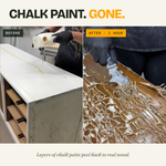Before and after of chalk paint stripped from a dresser in one hour with GreenEZ Furniture Stripper