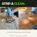 GreenEZ Strip and Clean two step system: scraping stripped paint then spraying Finishing Cleaner on bare wood