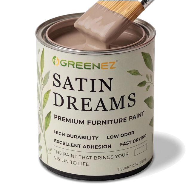 GreenEZ Satin Dreams premium furniture paint quart with a brush dipped in taupe paint