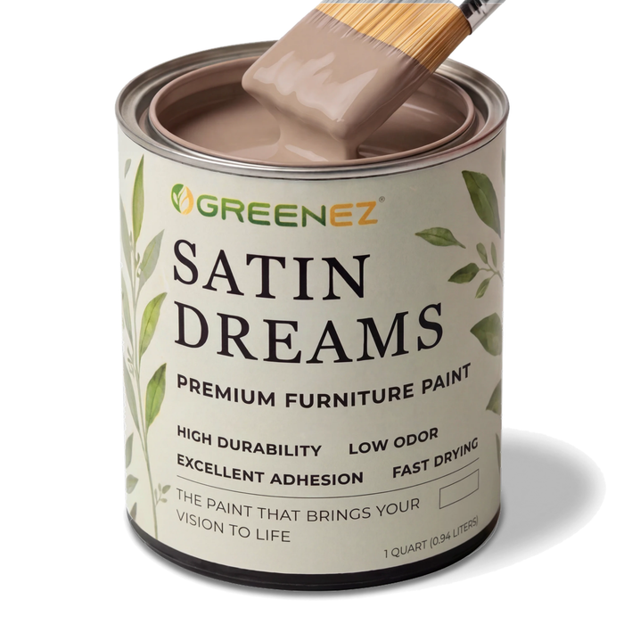 GreenEZ Satin Dreams premium furniture paint quart with a brush dipped in taupe paint