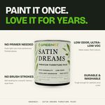Satin Dreams benefits: no primer needed, no brush strokes with a self-leveling formula, low odor and ultra-low VOC, durable and washable