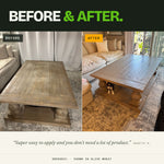 Customer coffee table before and after painting with Satin Dreams in Olive Wheat